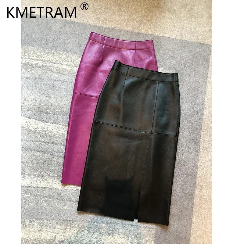 Женское платье из натуральной кожи с завышенной талией простое разрезом женское