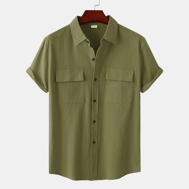 

Army Green Cotton Linen Shirt For Men 2022 Summer Brand Double Pocket Short Sleeve Casual Shirts Mens Breathable Beach Chemise