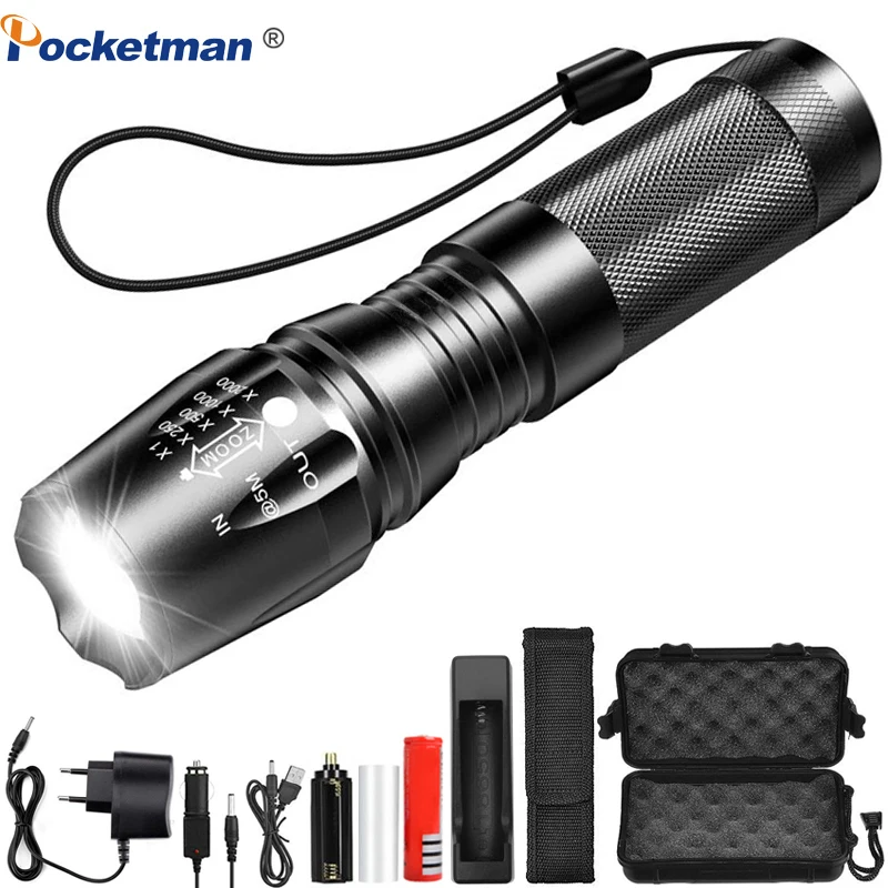 

Ultra bright Led Flashlight T6 waterproof Led Torch 5 Modes Zoomable flashlight Use 18650 battery for Camping, hunting, etc