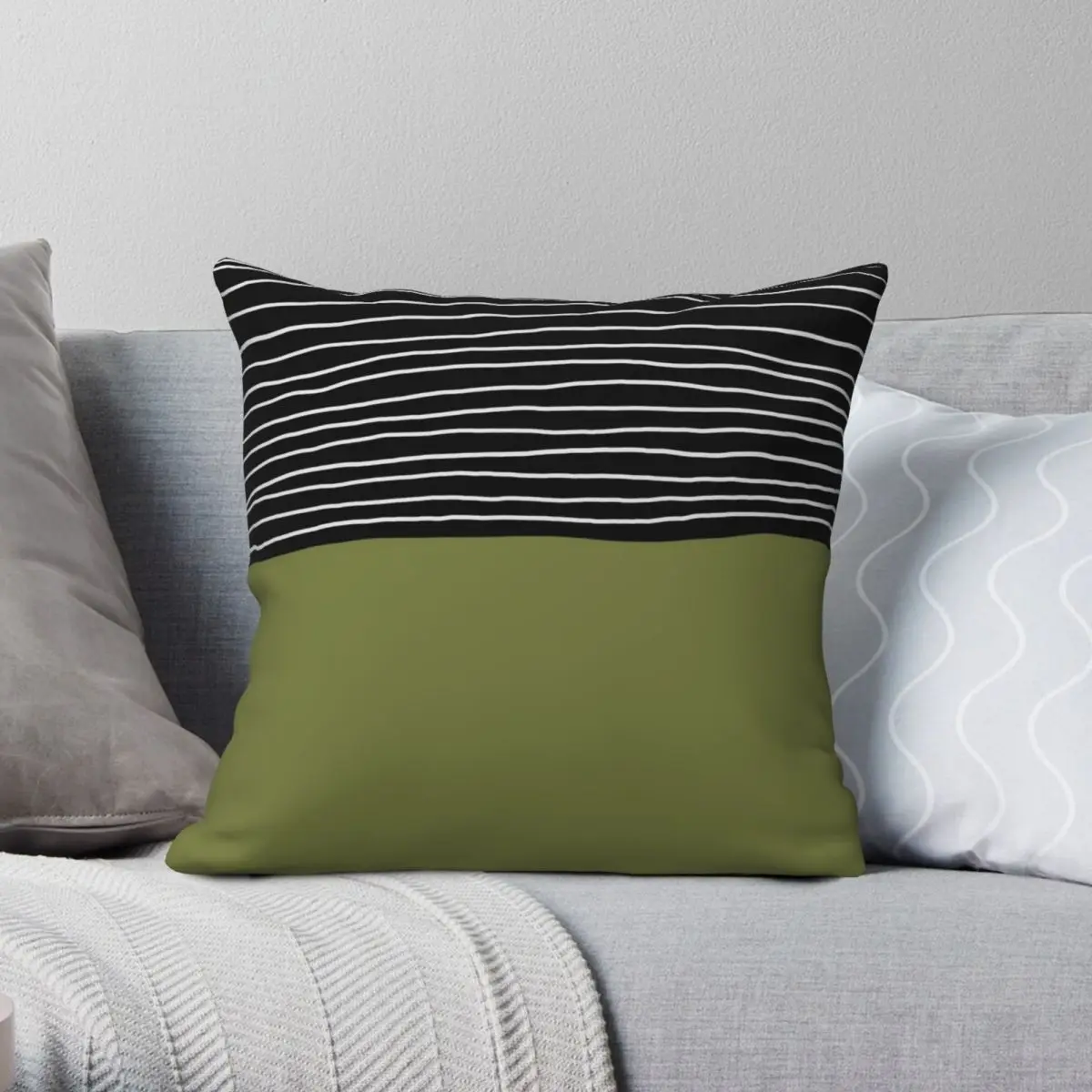 

White Lines With Olive Green Square Pillowcase Polyester Linen Velvet Creative Decor Throw Pillow Case Sofa Cushion Cover 18"