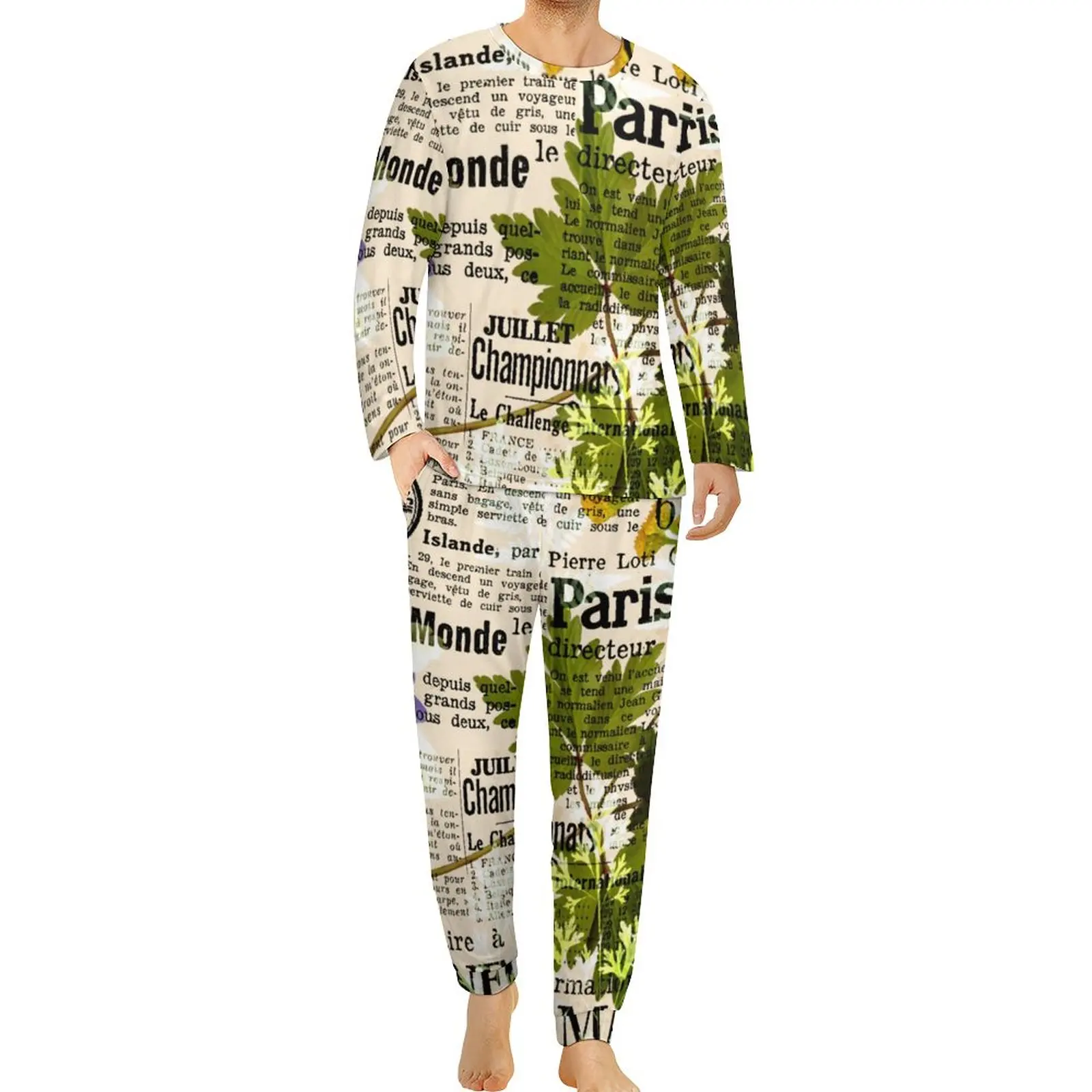 Retro Newspaper Pajamas Spring 2 Piece Leaf Floral Print Warm Pajama Sets Man Long Sleeve Room Custom Nightwear Big Size 4XL 5XL