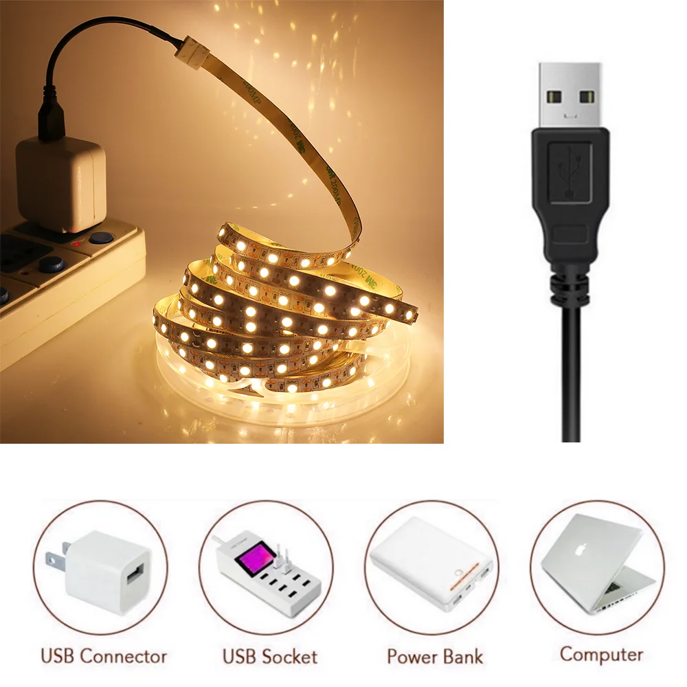 Светодиодная лента 5 В USB 5050 2835 белая фотолента для подсветки телевизора лампа 1 м 2