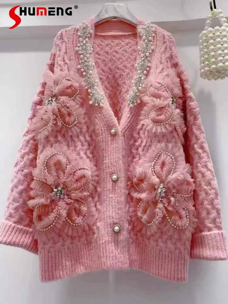 Sweet Woman Rhinestone Pearl Twist Flower Oversized Sweater Coat 2022 Autumn and Winter New Women's Long Sleeve Knitted Cardigan