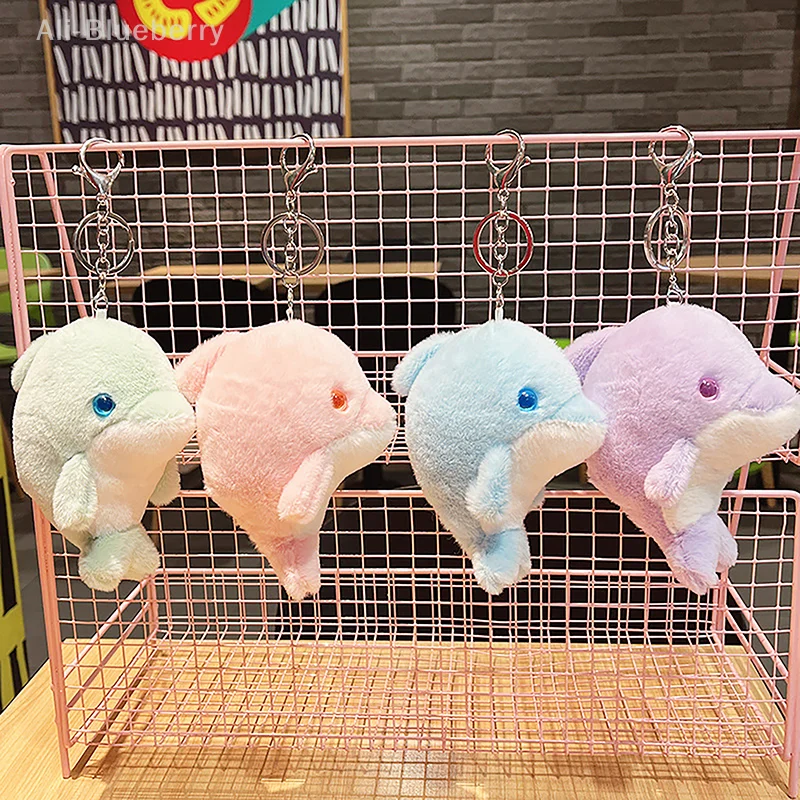 

15cm Cute Dolphin Plush Doll Keychain For Women Bag Charms Fluffy Pom Pom Whale Key Ring Holder Fish Trinket Party Wedding Gift