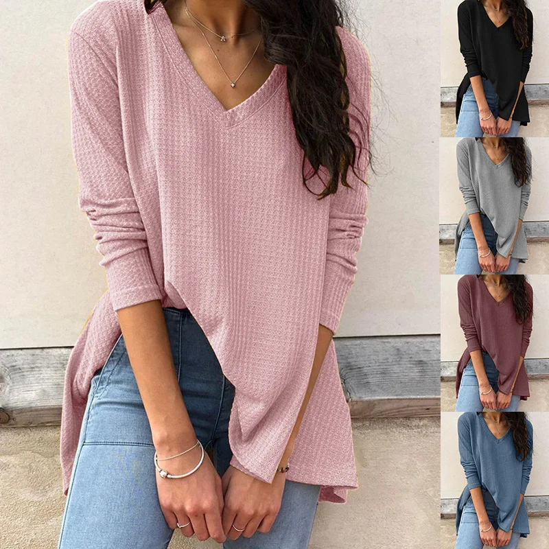 Autumn Winter Women Casual Solid Color V Neck Knit Pullover T-shirt Long Sleeve Bottoming Shirts Loose Blouse