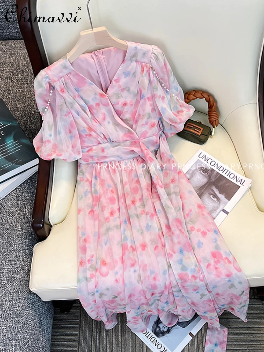 

French Floral Puff Sleeve Dress for Women 2022 Summer New Fashion Design High Waist Slimming Temperament Mid-length Sexy Dress