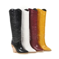knee high boots western cowboy boots for women long winter boots pointed toe cowgirl wedges motorcycle boots black yellow white