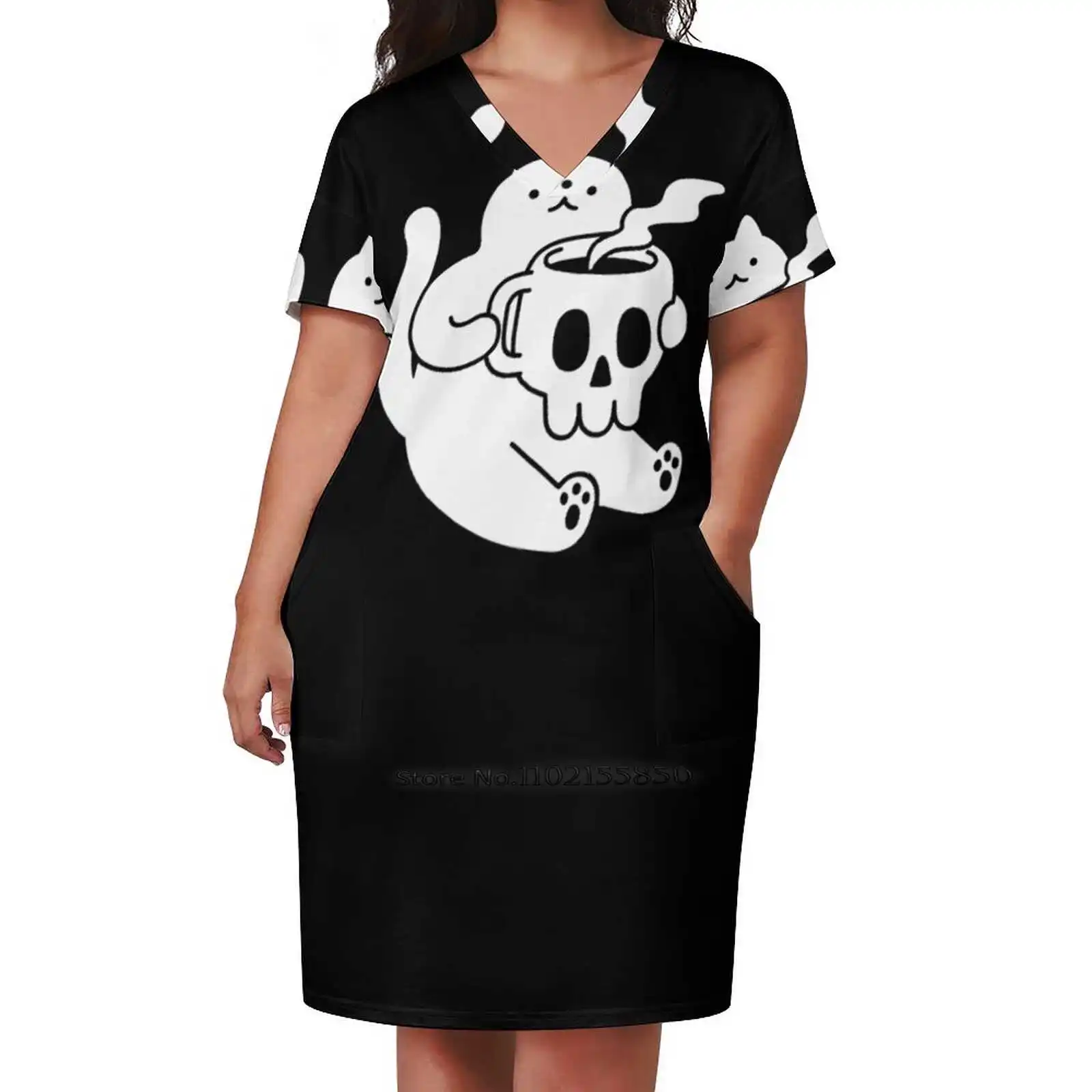 

Cat And Skull Mug Loose Pocket Dress Women Casual V Neck Dress Printed Dress Cat Skull Dead Death Skeleton Bones Cute Funny