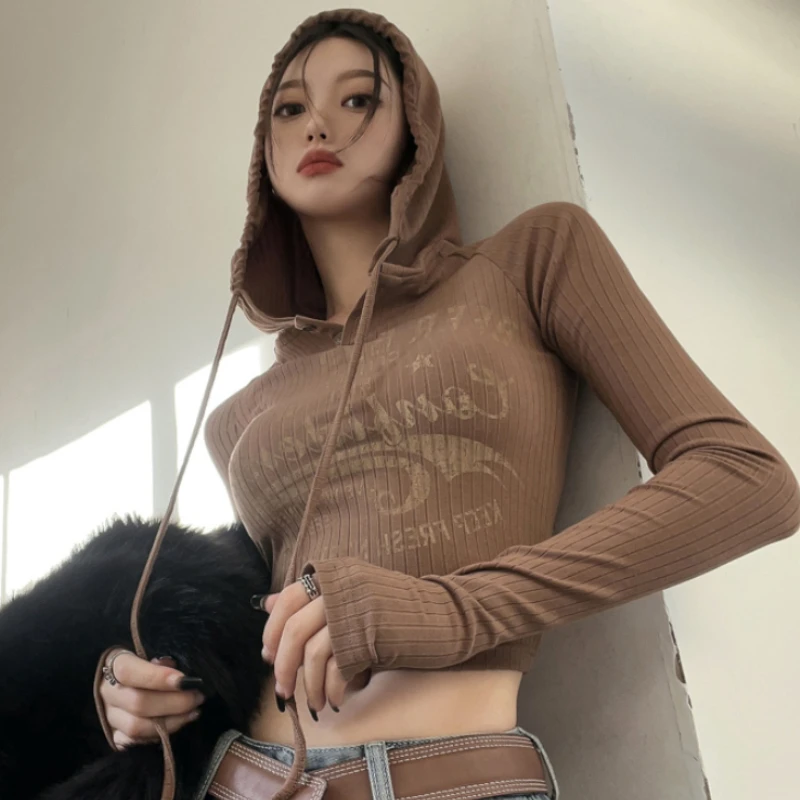 

Knited Hooded Top Women Slim Crop Tops Long Sleeve Grunge Streetwear Korean Fashion Pullover Hoodies 2000s Clothes Y2k
