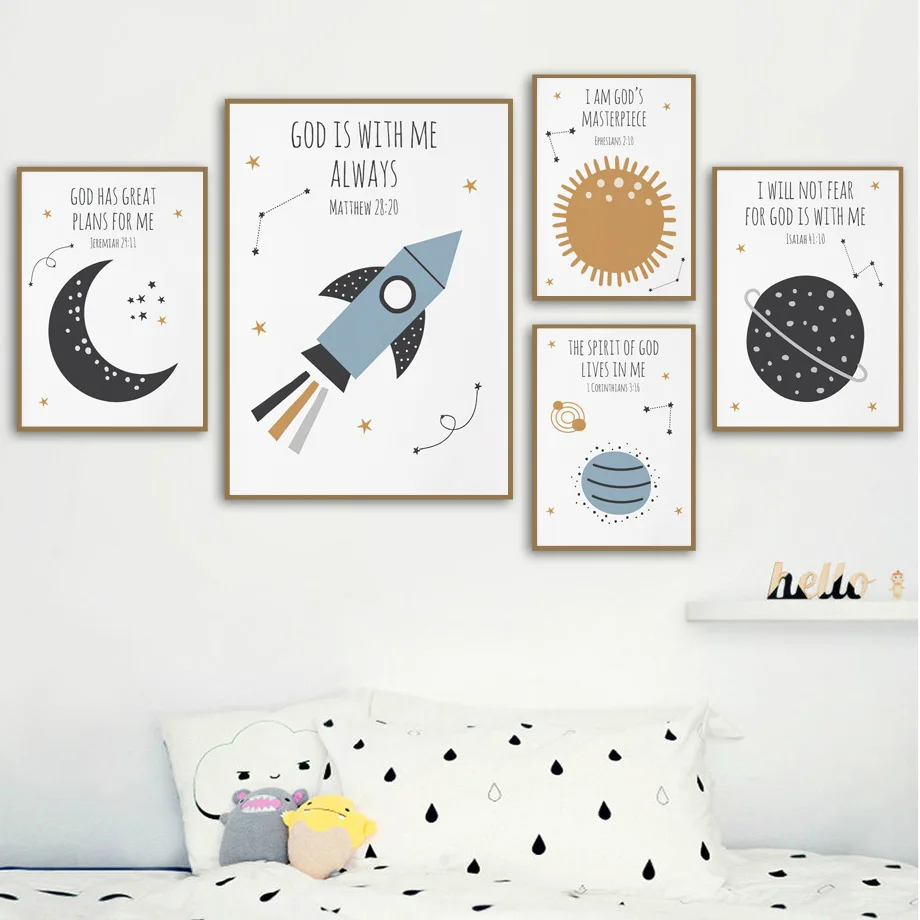 

Bible Verse Space Moon Sun Rocket Nursery Wall Art Canvas Painting Nordic Posters And Prints Wall Pictures For Kids Room Decor