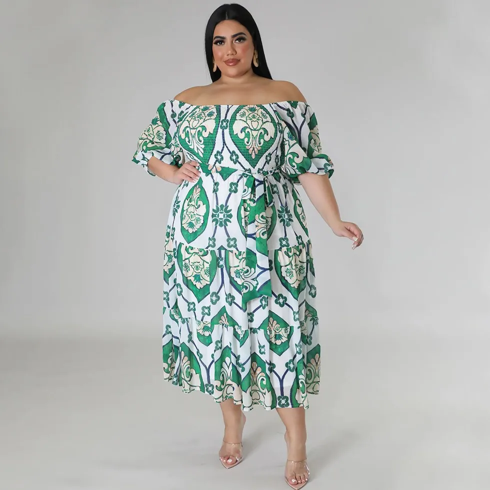 

African Long Midi Dress Women's Flower Print Slash Neck Off The Shoulder Backless Daily Evening Party Dress African Dresses