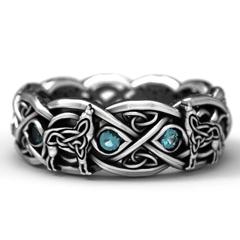 

Celtic Wolf Zircon Ring Wolf Totem Silver Color Dyed Black Ring Vintage Stone Thai Silver Ring Size 6-13