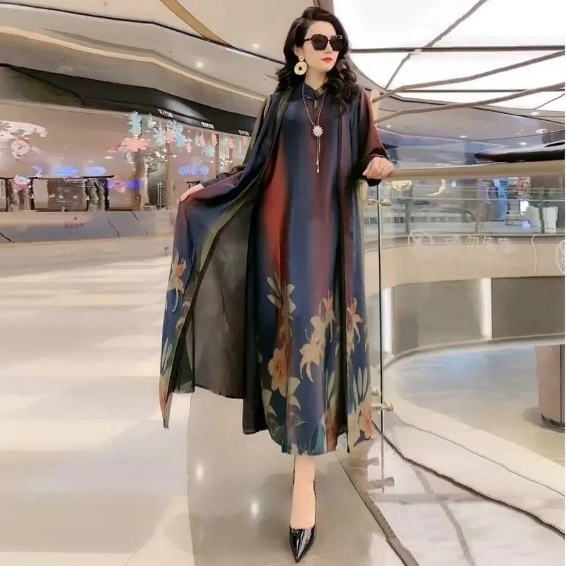 

Middle Age Mother Summer Dress Two Piece Set 2023 Fashion Women Fashion Silk Dresses Vestidos Robe Femme Large Size 5XL E189