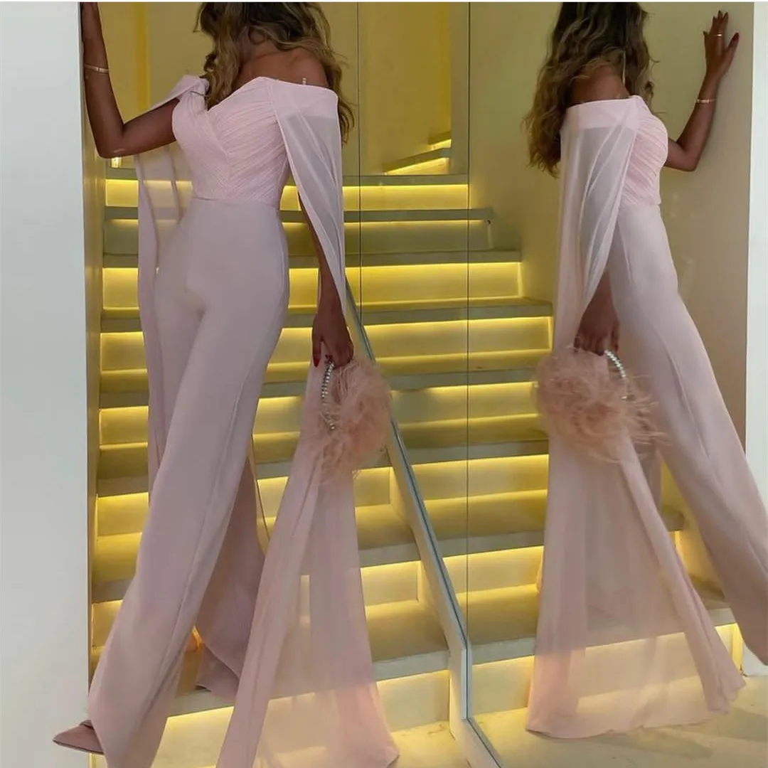 

POMUSE Elegant Long Jumpsuit Pink Evening Dresses Crepe Chiffon Off Shoulder Floor Length Zipper Robe De Mariée Party Gown