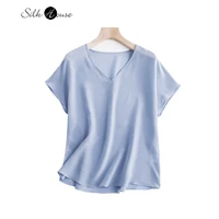 silk short sleeve t shirt female mulberry silk commuter blue gray fashion straight tube temperament v neck pullover top summer