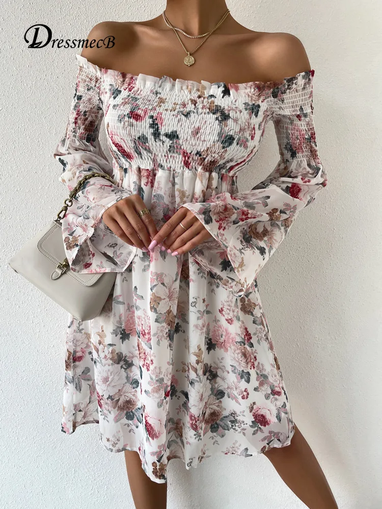 

Dressmecb Floral Print Off Shoulder Mini Dress Women Ruffle Ruched Long Sleeves Spring Autumn Dresses Backless Holiday Vestidos