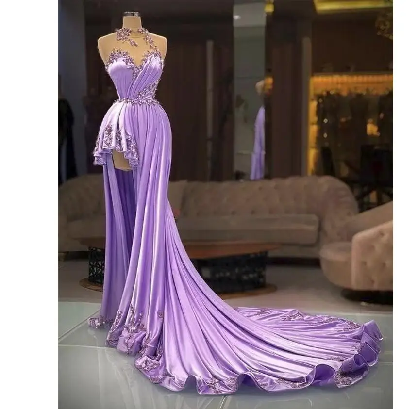 Charming Purple Evening Dresses 2022 A Line Halter Neck Lace Sweep Train Gorgeous Formal Women Long Prom Engagement Dress