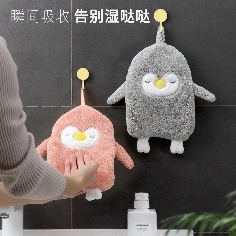 

Kitchen bathroom can be hung coral velvet cartoon penguin hand towel animal thickened absorbent hand towel