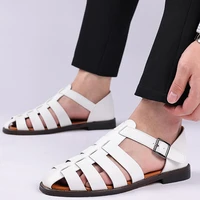 leather fashion sandals for men summer beach slipper buckle soft sole pointed toe hollow roman shoe classic lightweight sneakers