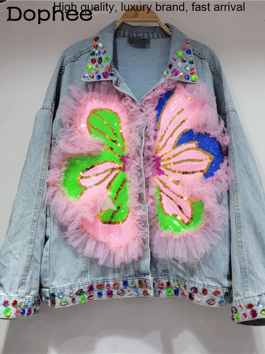 

Rhinestone Sequined Exquisite Flower Stitching Mesh Loose Oversized Denim Women's Jeans Jacket Coat 2023 Fall New Clothes