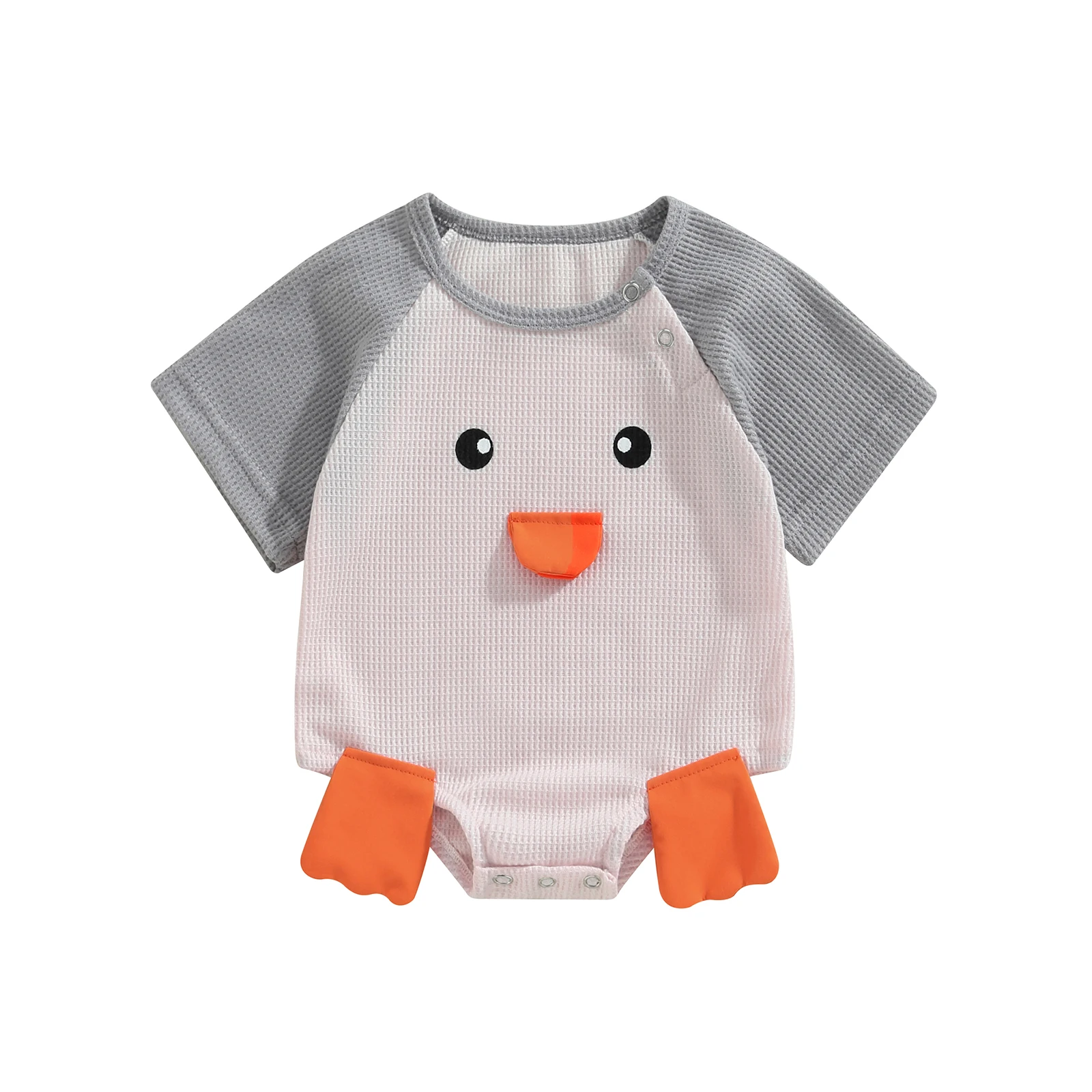 

Baby Boy Girl Waffle Rompers Short Sleeve Crew Neck Contrast Color Cartoon Duck Jumpsuits Clothes Infant Bodysuits