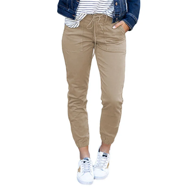 Spring Lace Up Waist Casual Women Pants New Solid Color Pencil Pants Pockets Straight Slim Fit Trousers