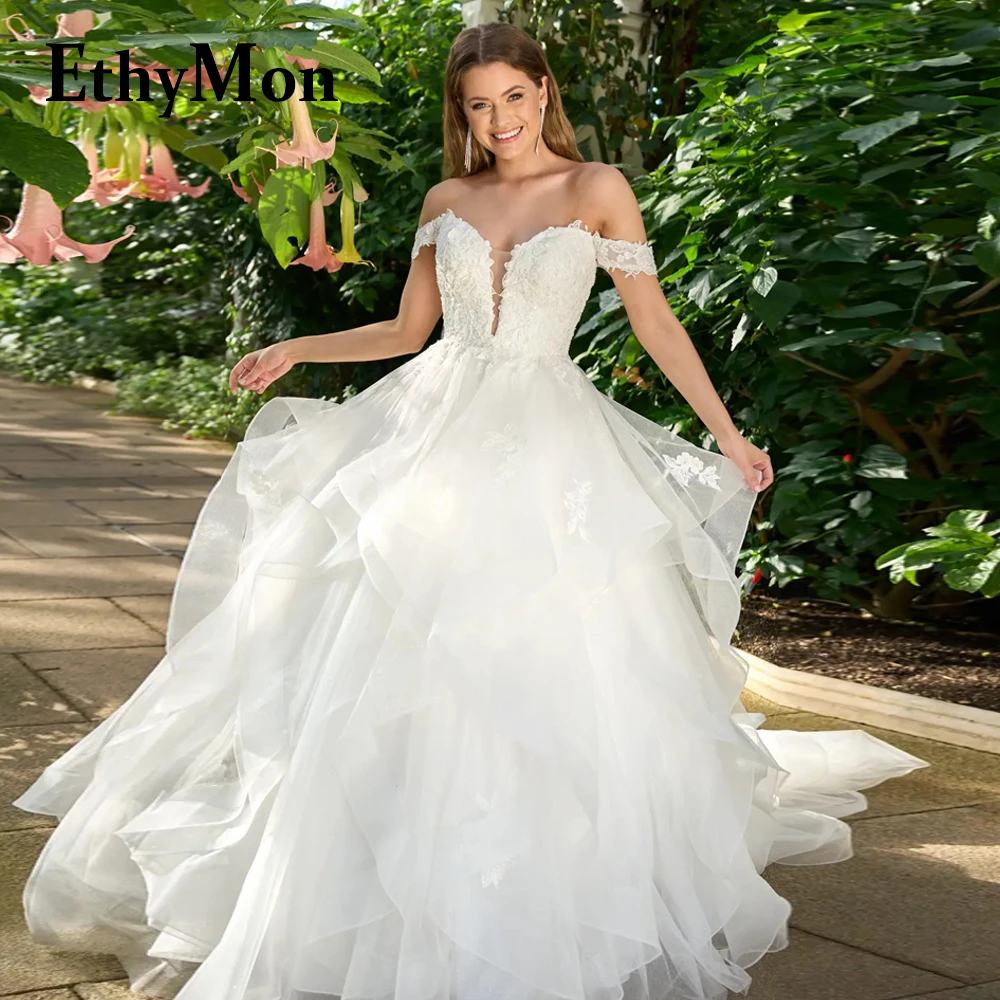 

Ethymon Charming Ruffles Wedding Dress For Women Lace Appliques Bling Tulle Off the Shoulder A-line Vestidos De Novia Customised