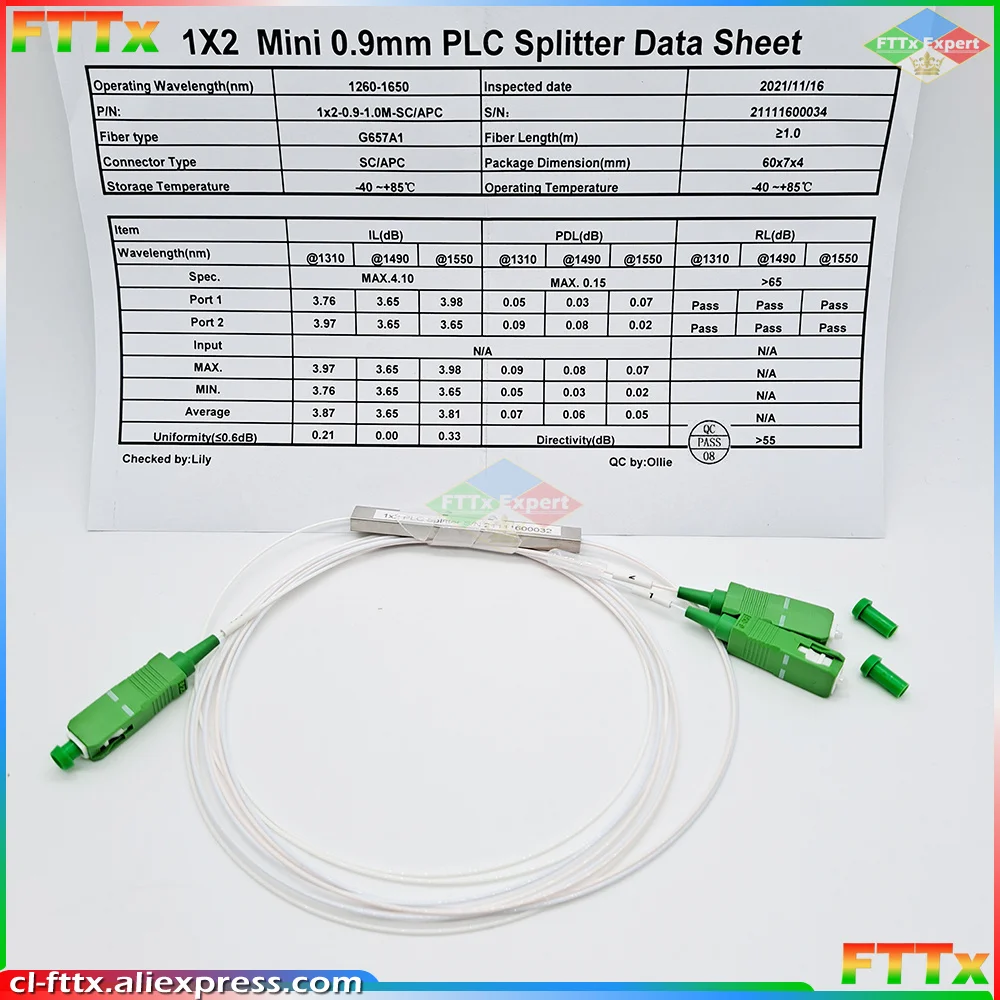 Free shipping 10 PCS/Lot 1X2 PLC SC/APC SM 0.9mm G657A1 PVC 0.25m FTTH Fiber Optic Splitter