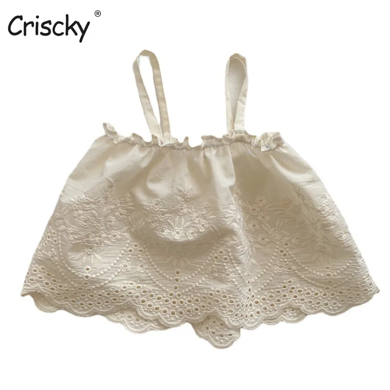 

Criscky 2022 Summer Korean Baby Girls Lace Straps Embroidery Blouses Hollow Out Sleeveless Tops Toddlers Kids Vest Shirts