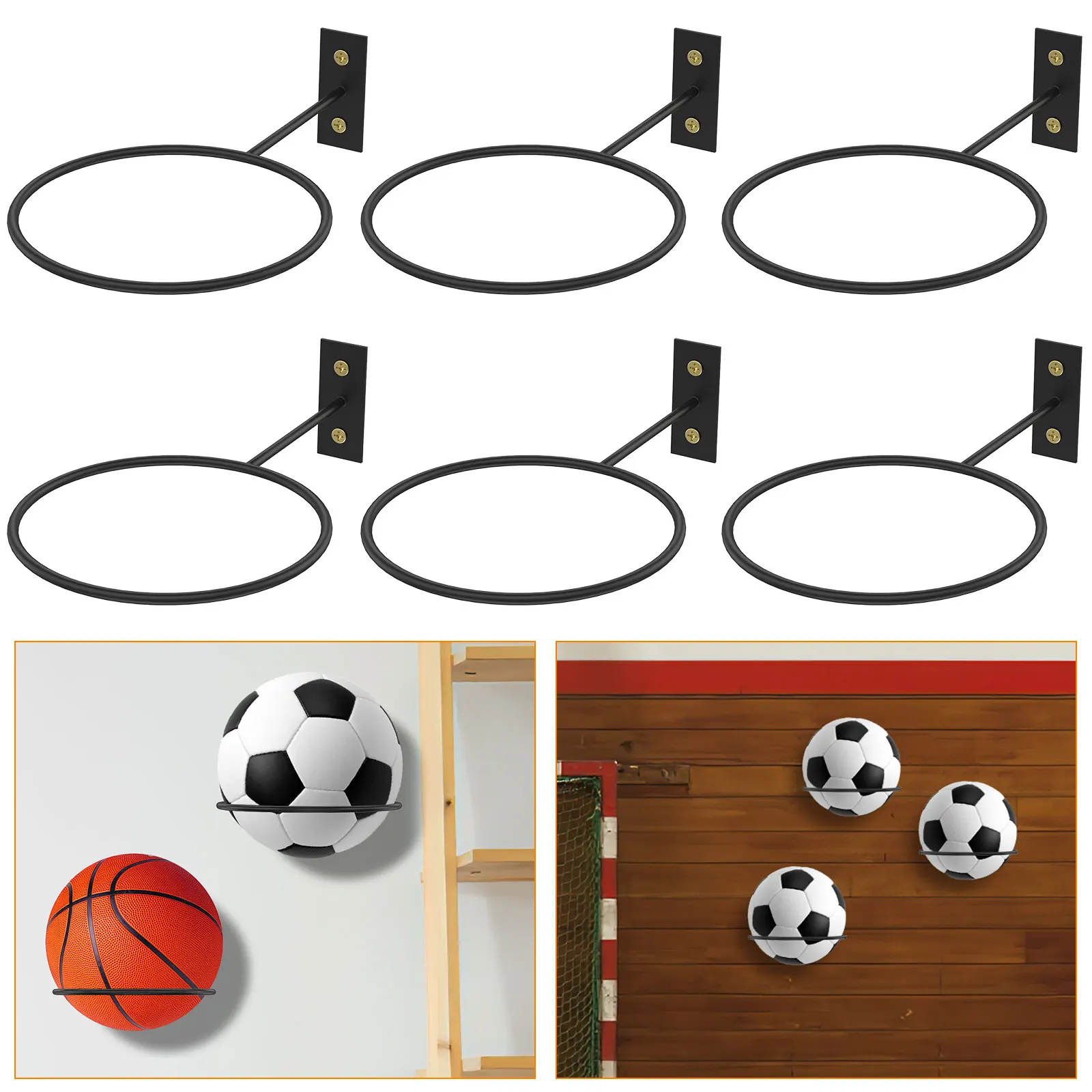 

6Pcs Ball Storage Rack Wall Mounted Football Stand Heavy-Duty Iron Wall Ball Holder Space Saving Black Basketball Display Shelf