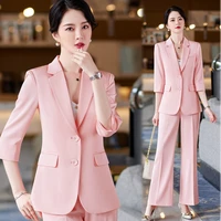 korean pink 2022summer new elegant womens pants suit casual jacket trousers two piece set office career tracksuit female blazer