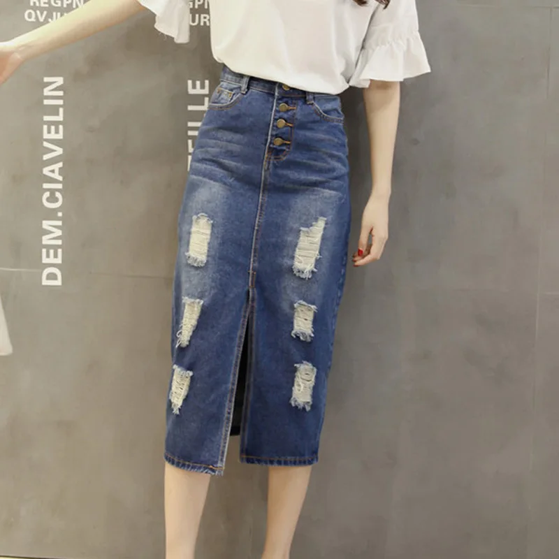 

Women Slim Fashion Ripped Hole Sexy Long Jean Skirts Spring High Waist Female Single Breasted Straight Front Split Denim Skirt