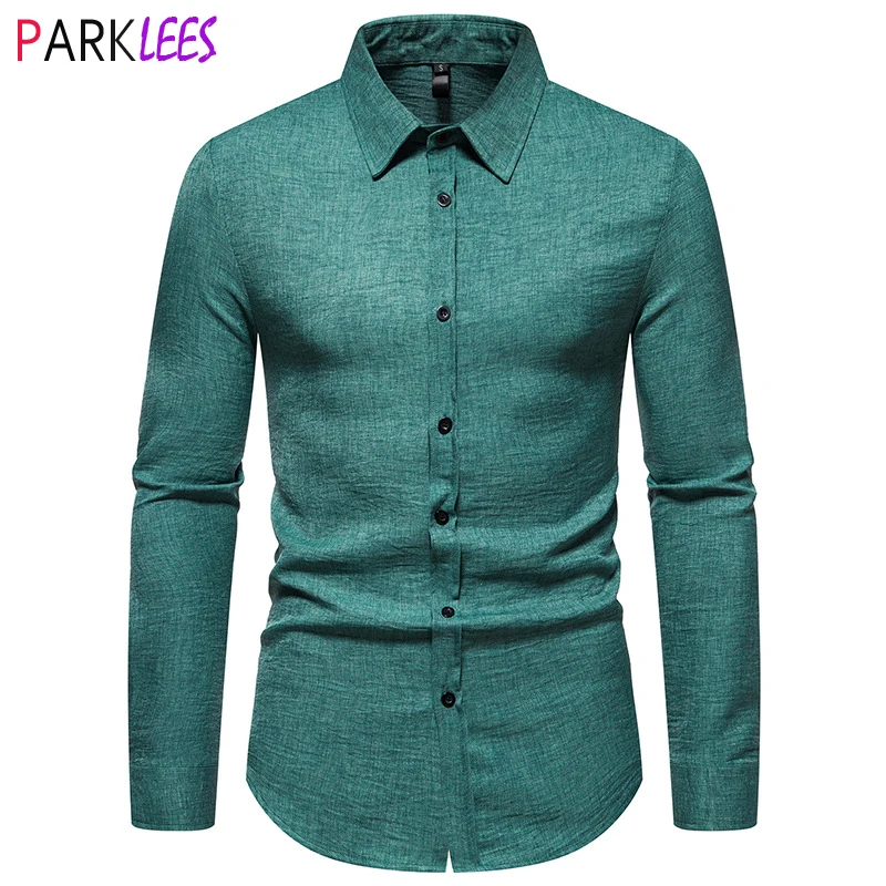 

Vintage Green Mens Dress Shirts 2023 Brand New Long Sleeve Button Up Shirt Men Casual Solid Daily Top Blouse Chemise Homme 2XL