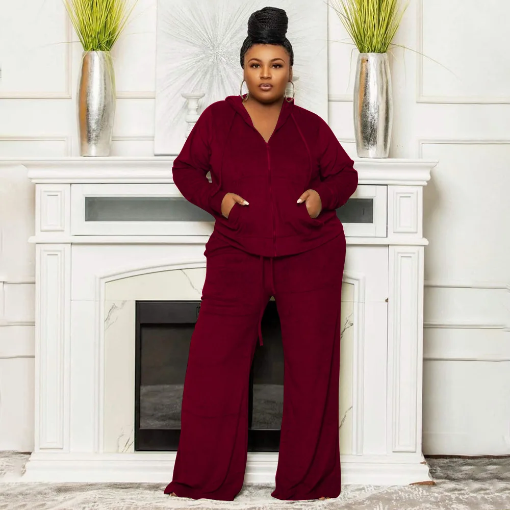 Plus Size Women Sets Hooded Solid Jacket And Wide Leg Pant 2022 Fall Two Piece Set Female Outfit Designer Cloth Winter Tracksuit