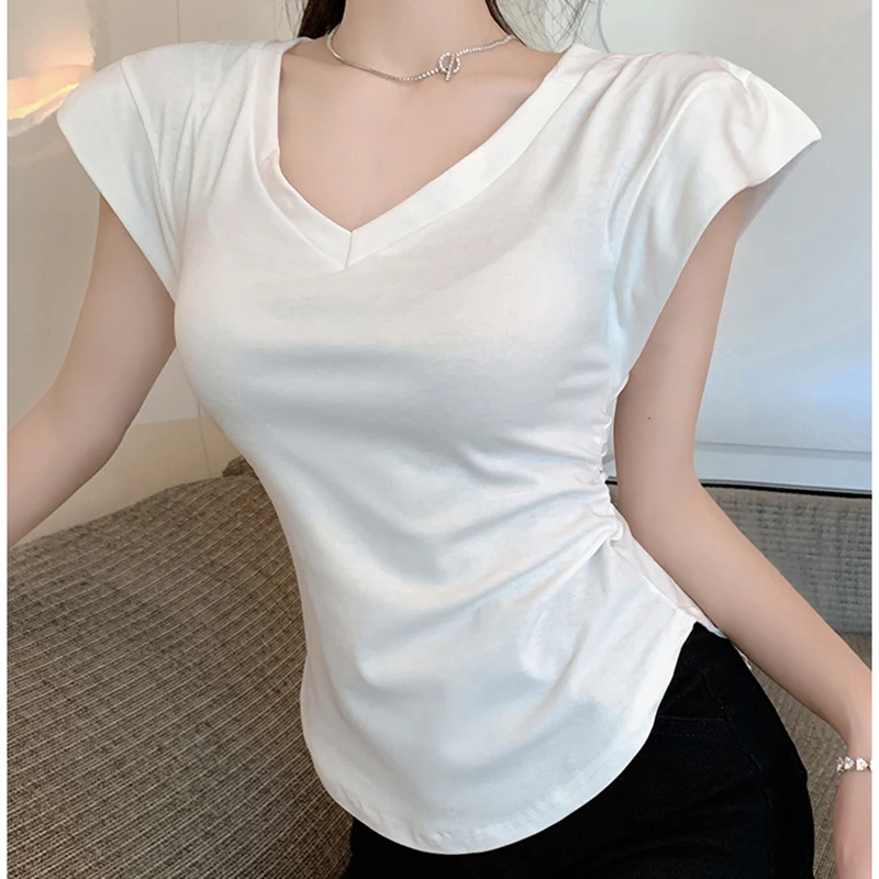 

White Cotton T Shirt Women V Neck Sleeveless Tops 2023 Summer Knitted T Shirts Slim Crop Top Y2k Clothes Woman Tee Shirt Femme
