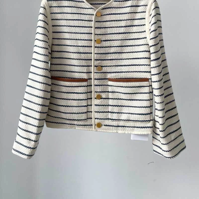 

Lady Navy Blue Striped Jacket Early Autum Single Breasted Round Neck Long Sleeve Retro Coat Fashion Women Cotton Loose Clothes23
