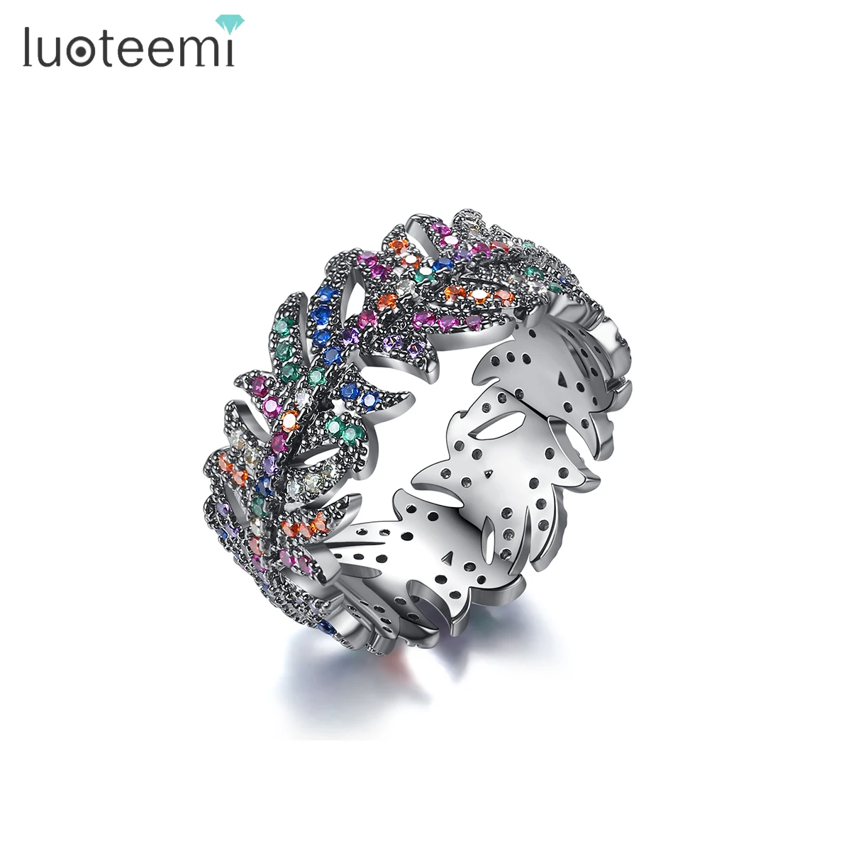 LUOTEEMI-anillo gótico con forma de hoja para hombre, sortija de Hip-Hop con arcoíris, CZ, accesorios, joyería personalizada, Color negro