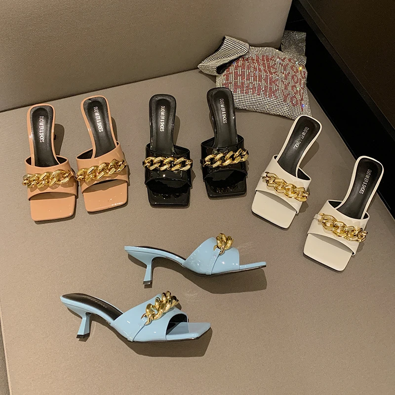 

Open Toe Women Slippers Metal Chain Thin High Heels Summer Outdoor Beige Black Blue White Thin High Heels Solid Color Pumps