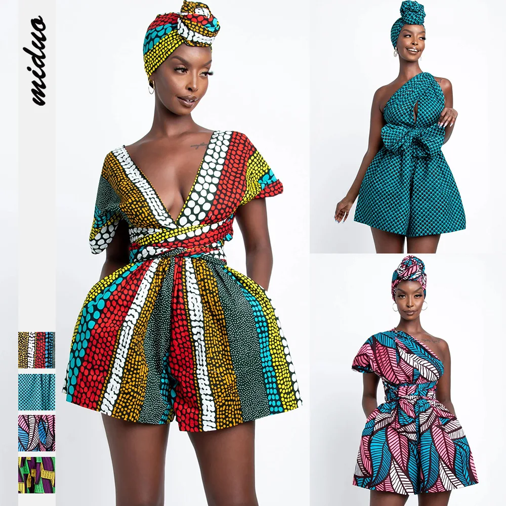 

Bandage Fashion Design Women Print Jumpsuit Multi-functional Straps Halter Neck Casual Summer Wide Leg One Piece Shorts Romper