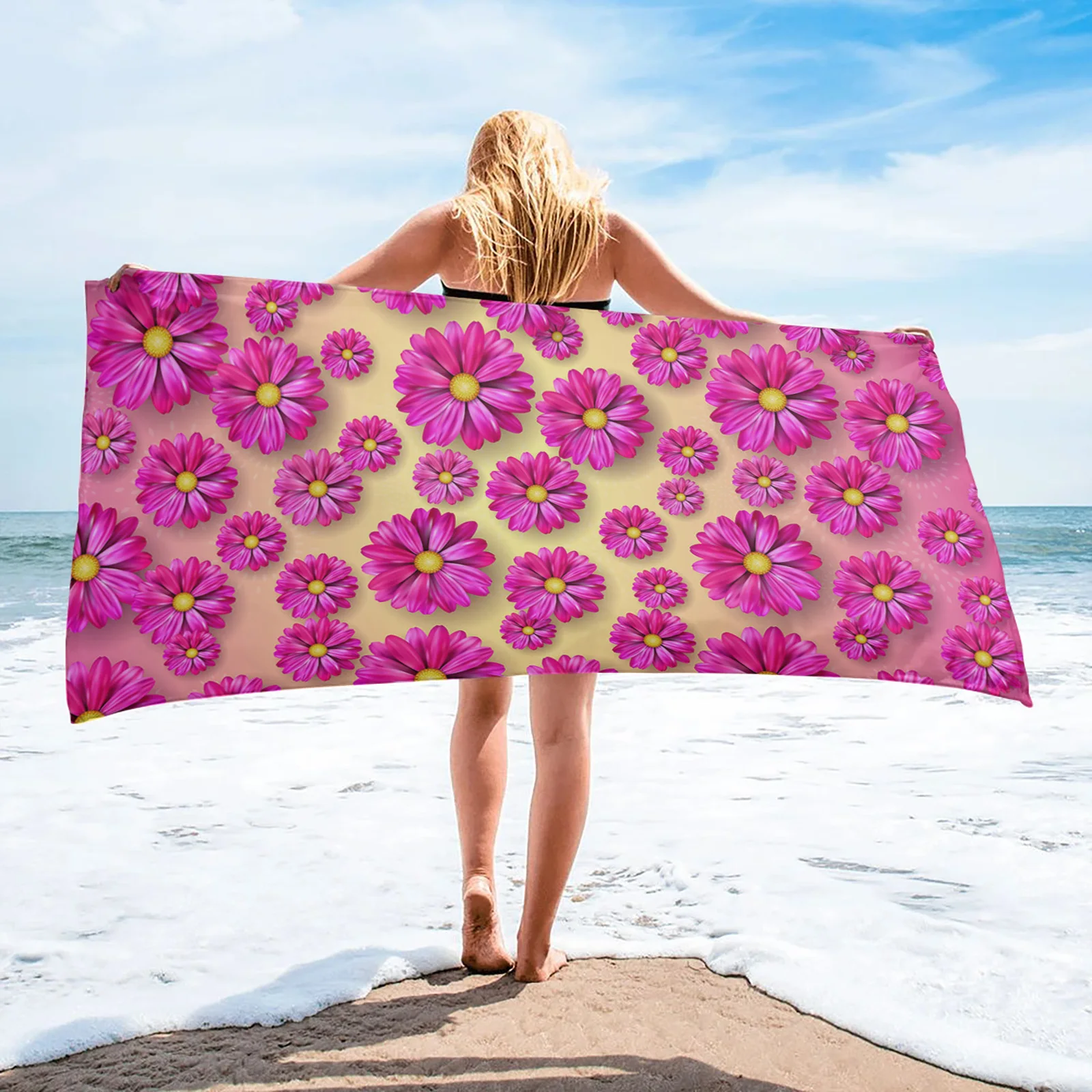 

Daisy Flower Texture Gradient Beach Towel Gifts Microfiber Quick-Dry Bath Towels for Adults Yoga Mat Travel Camping Gym Women