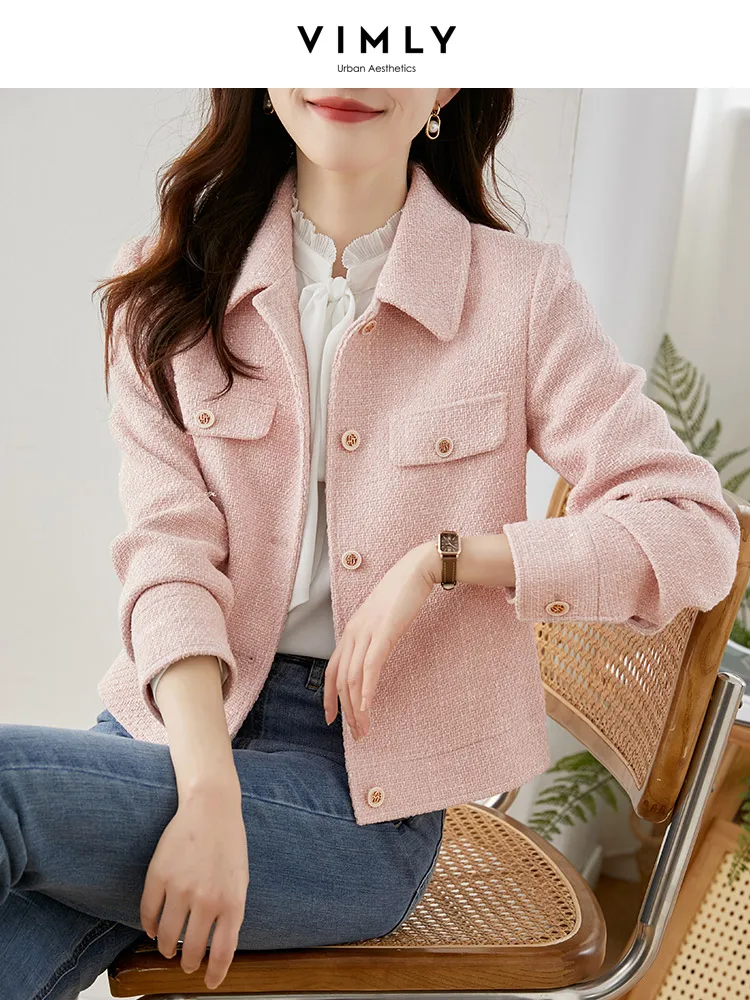 Vimly Chic Pink Short Tweed Jackt Women Winter Spring Coat Slim Fit Long Sleeve Outwear Button Front Work Office Blazer V7669