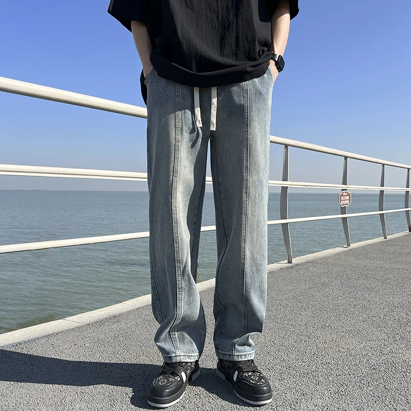 

Повседневные брюки, мужские мешковатые однотонные широкие брюки с карманами, универсальные дышащие мужские брюки в японском стиле, модные джинсы