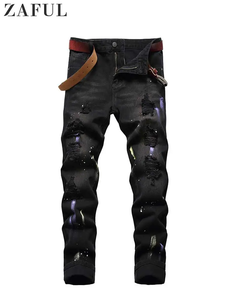 

ZAFUL Ripped Jean for Men Y2K Solid Mid-waist Denim Jeans Dark Wash Paint Splatter Long Pants Streetwear Zipper Straight Trouser