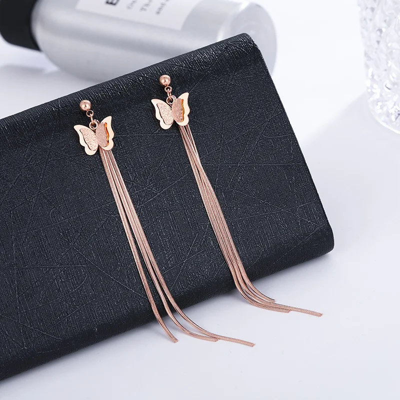 

Wholesale New Titanium Steel Personalized Stud Earrings Women Exaggerated Women Rose Gold Temperament Long Fashionable Jewelry