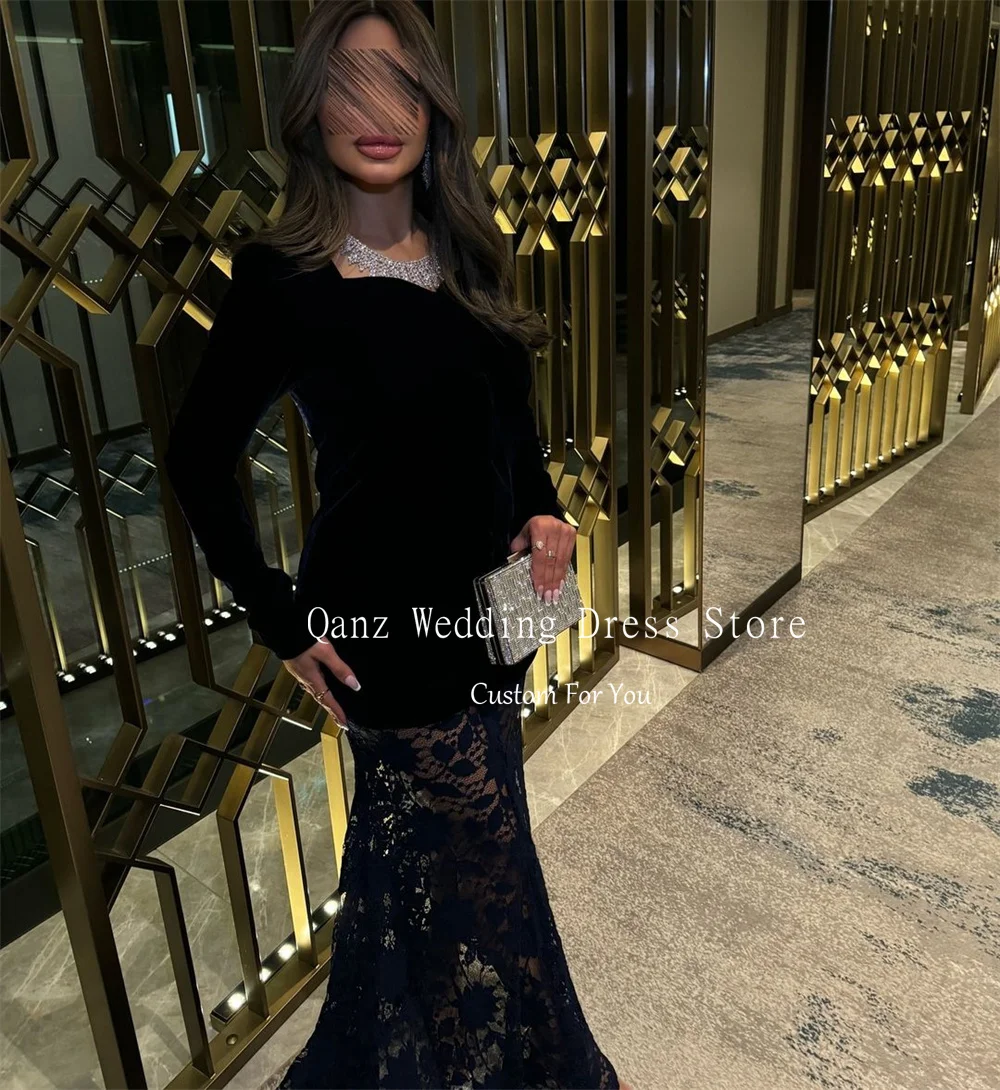 Qanz Black Velvet Prom Dresses Mermaid Long Sleeves Lace Abendkleider Dubai Illusion Vestidos Para Ocasiones Formales Customized