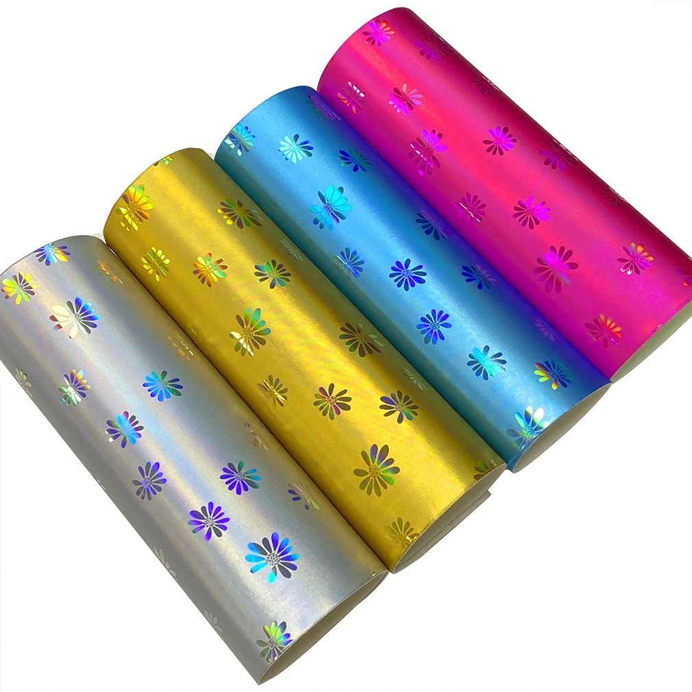 

Daisy Flower Pattern Metallic Embossed Mirror Laser Holographic Fabric PU Faux Leather Sheet for Shoe/Bag/Wallpaper30*135CM