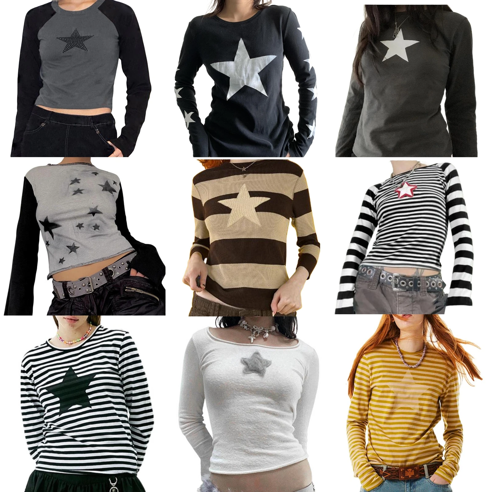 Dourbesty Y2k Long Sleeve Tops for Women Teens Goth Grunge Top Vintage Star Graphic Tee 90s 00s Fairy E-girl Aesthetic T-Shirts