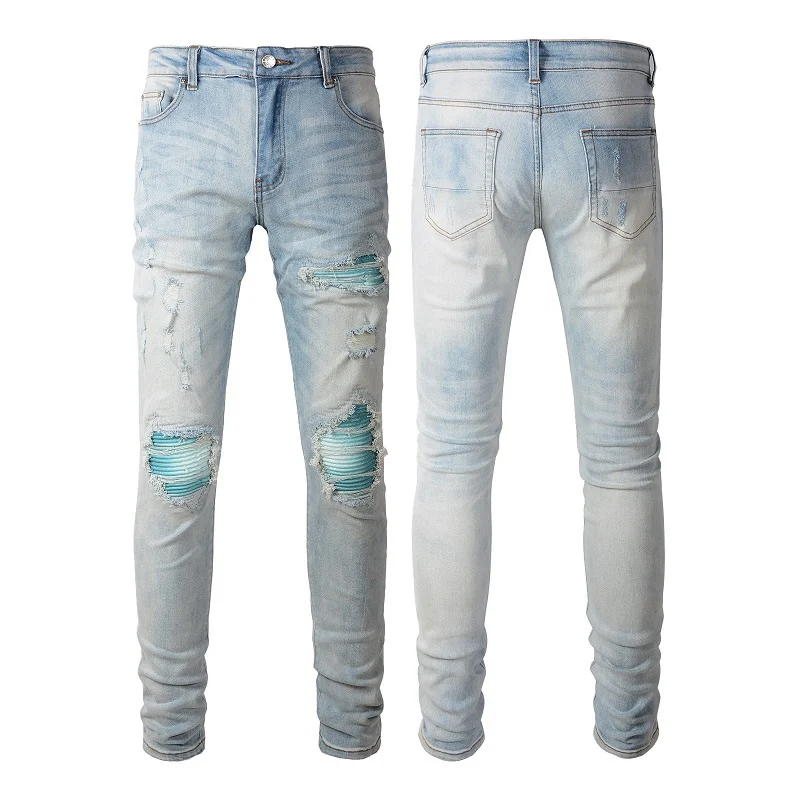 

Мужские Модные Узкие рваные джинсы цвета индиго с поврежденными дырками