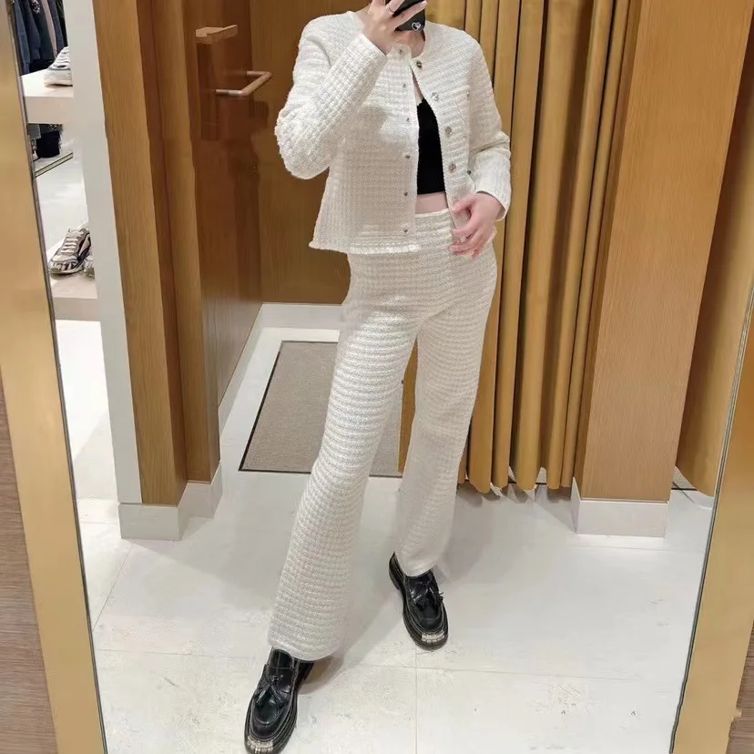 

Women's Sweater O-Neck Tweed Knitted Cardigan Single Breasted Solid Coat Or Trousers Wide Leg Casual Spring Summer 2023
