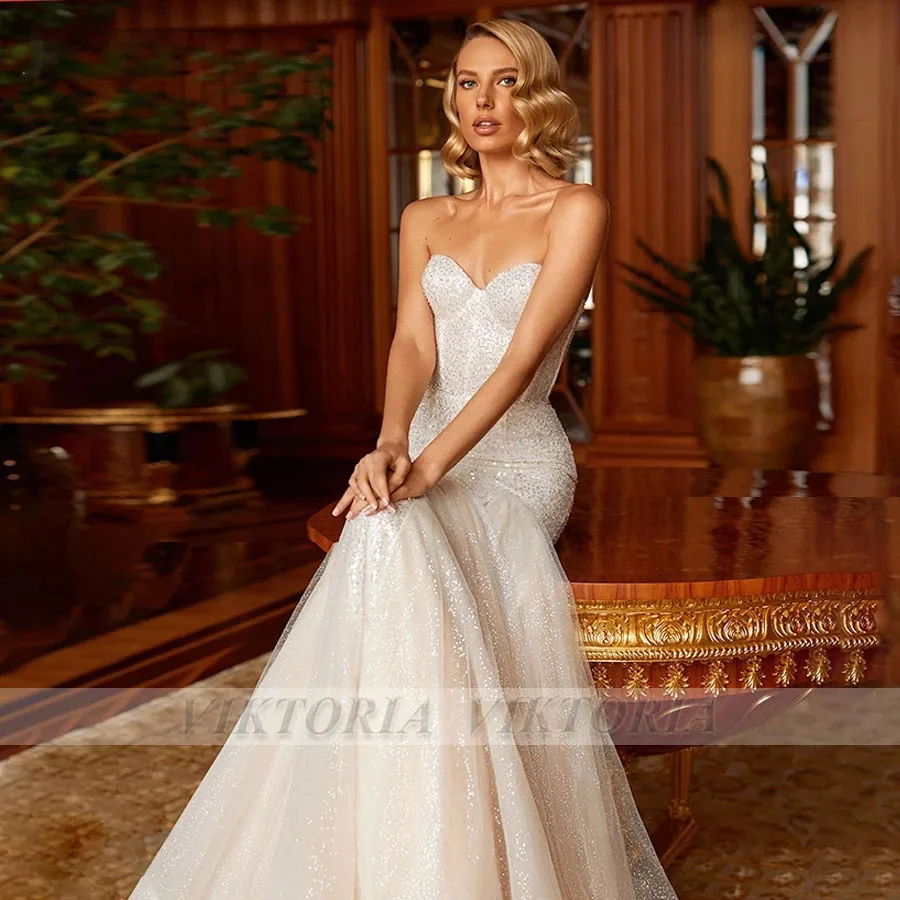 

VIKTORIA Modern Wedding Dresses Sweetheart Custom-Made Court Train Zipper Mermaid Strapless Appliques Sleeveless Glitter Sequin